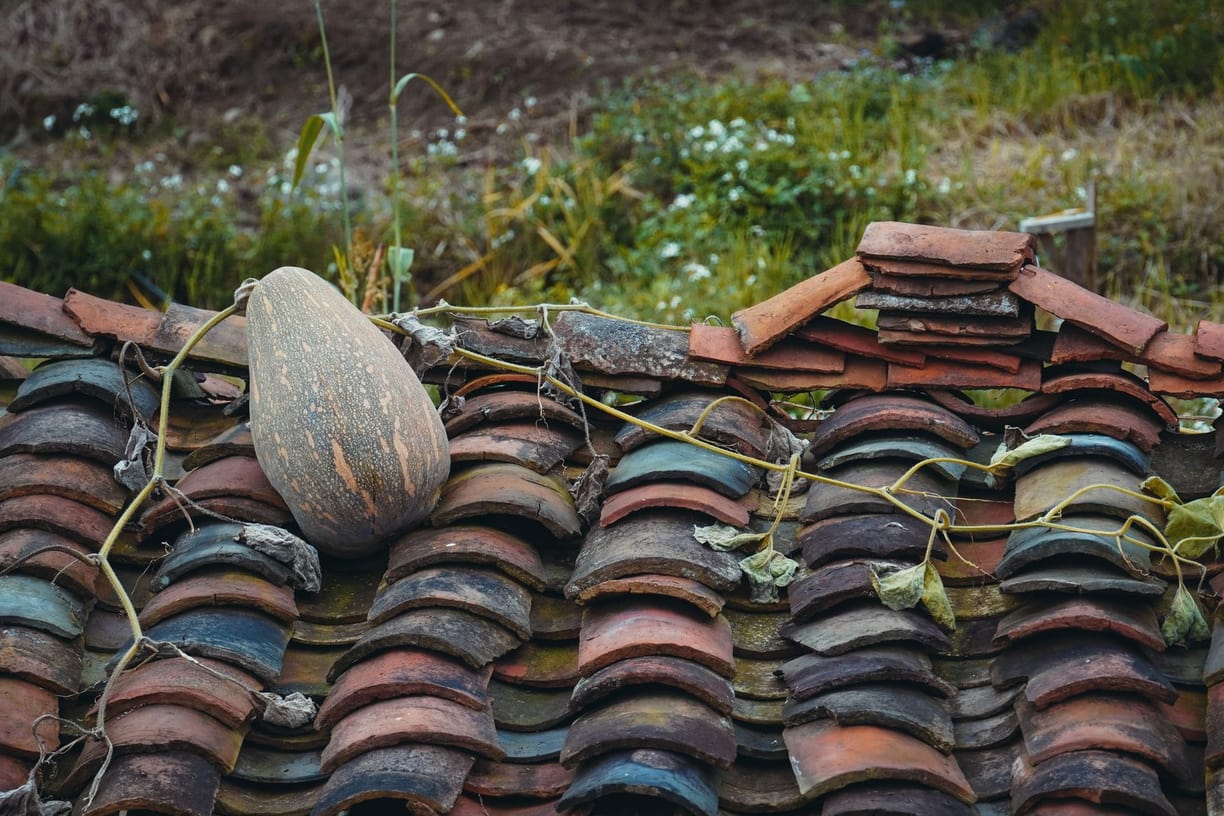 Telhas de cerâmica empilhadas em estoque